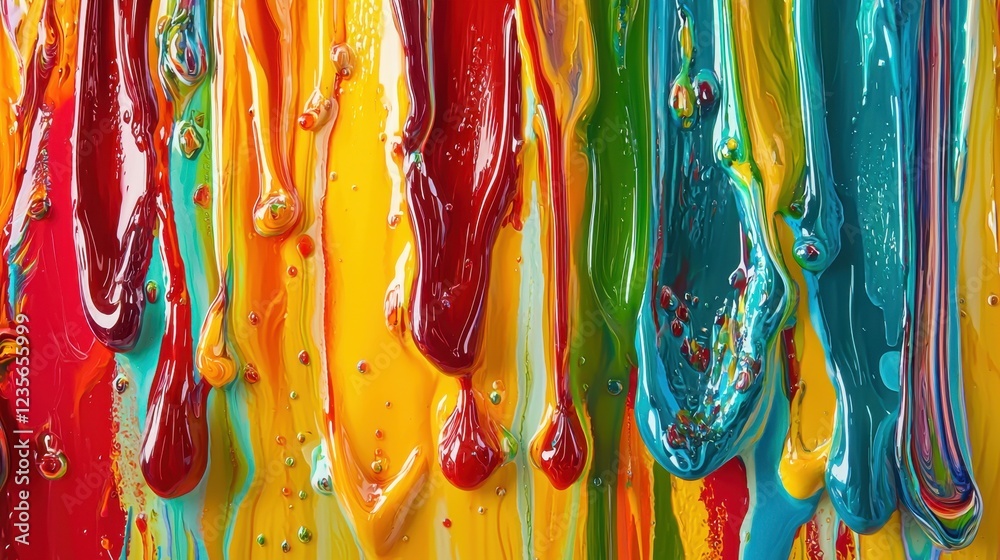Fototapeta premium Vibrant Colorful Paint Dripping on a Canvas in Artistic Display