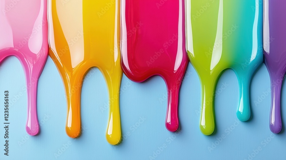 Naklejka premium Colorful Liquid Paint Dripping on a Light Blue Background