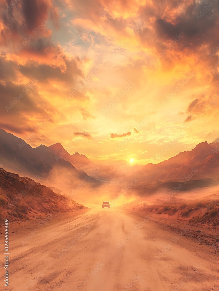 A scenic sunset over a dusty road, framed by mountains, creating a serene and adventurous atmosphere. A scenic sunset over a dusty road, framed by mountains, creating a serene and adventurous atmosphere.