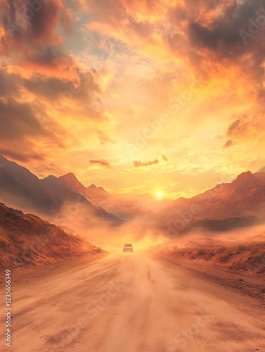A scenic sunset over a dusty road, framed by mountains, creating a serene and adventurous atmosphere.