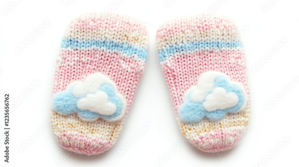 Colorful knitted baby booties with cloud design, soft and cozy. Colorful knitted baby booties with cloud design, soft and cozy.