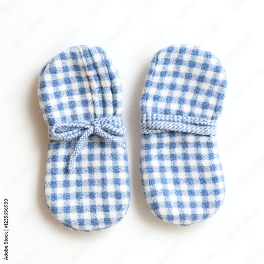 Blue and white checkered baby mittens on white isolated background. Blue and white checkered baby mittens on white isolated background.