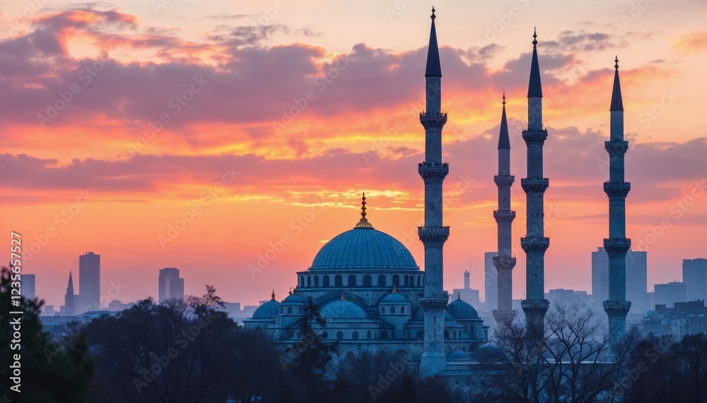 Obraz premium Majestic Mosque Silhouette at Sunset over City Skyline