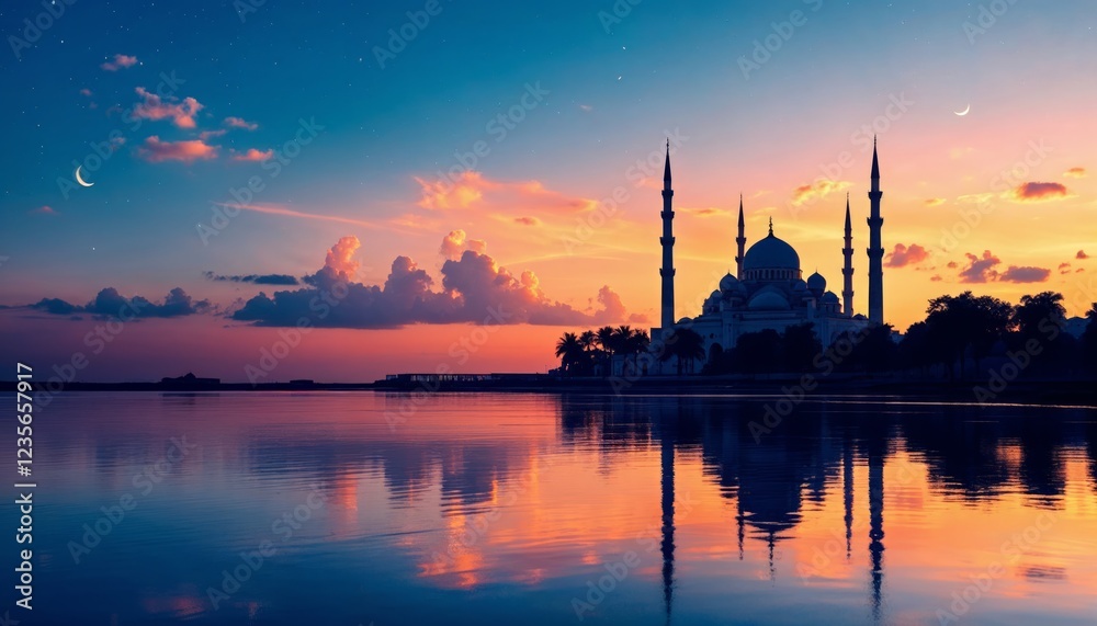 Naklejka premium Serene Sunset Silhouette of a Mosque by the Water
