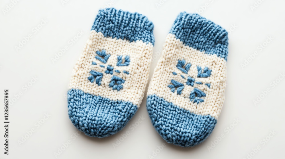 Handmade knitted blue and white socks with decorative pattern. Handmade knitted blue and white socks with decorative pattern.