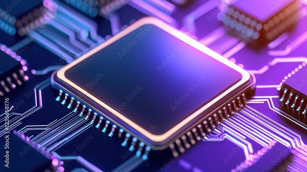 Close up view of a computer processor chip on a circuit board glowing with purple and blue light Close up view of a computer processor chip on a circuit board glowing with purple and blue light
