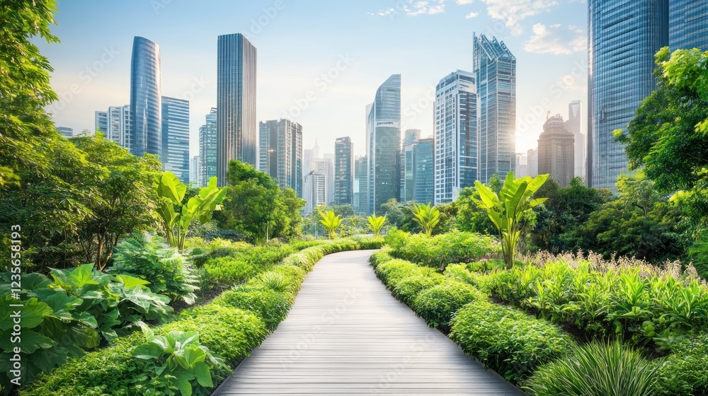 Fototapeta premium City park pathway, sunrise, skyscrapers