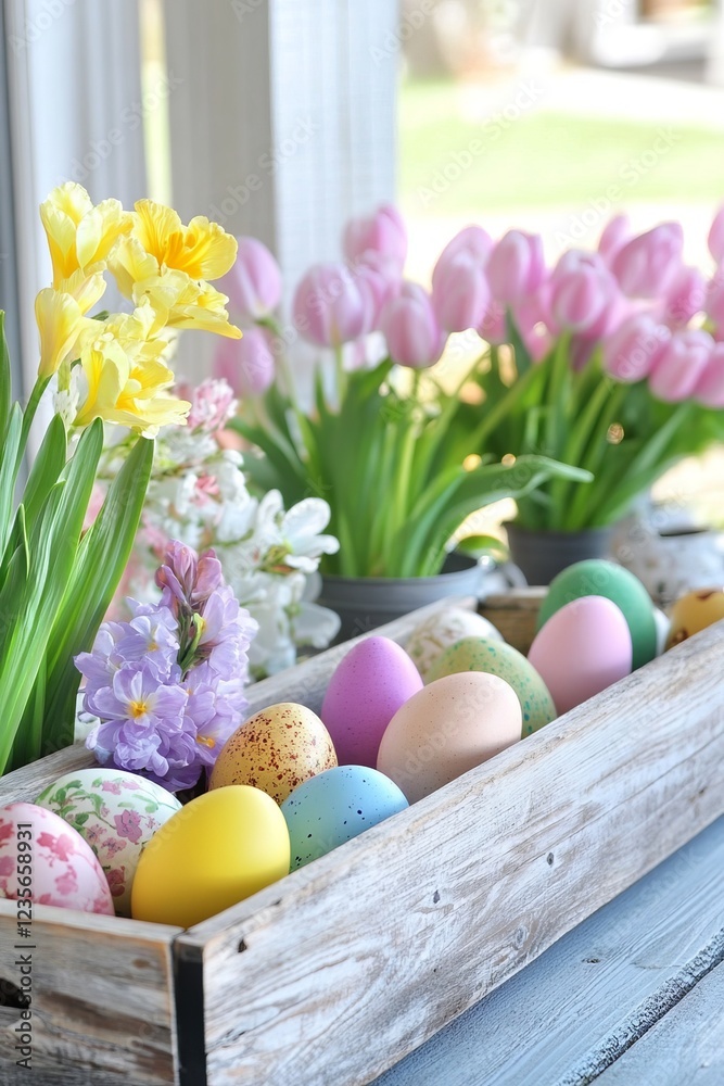 Wooden box with pastel-colored eggs surrounded by vibrant spring flowers on rustic wooden and grass background, Easter concept Wooden box with pastel-colored eggs surrounded by vibrant spring flowers on rustic wooden and grass background, Easter concept