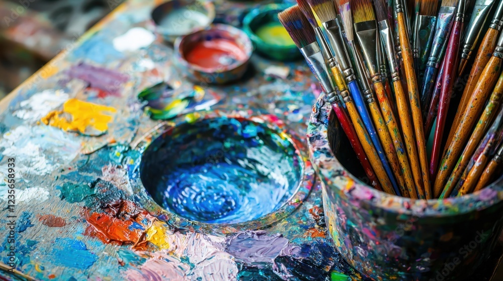 Fototapeta premium Vibrant Art Supplies Arrangement on Wooden Palette and Brushes