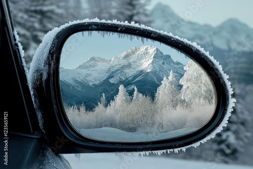 A frosty car mirror with snow-capped mountains faintly visible in the reflection.