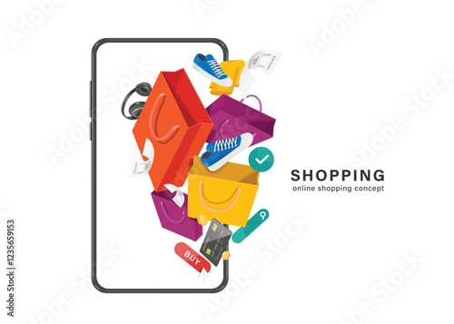 Brightly colored shopping bags, receipt paper and various merchandise float in mid-air in front of smartphone screen after customer confirms an online order and pays with credit card, vector 3d