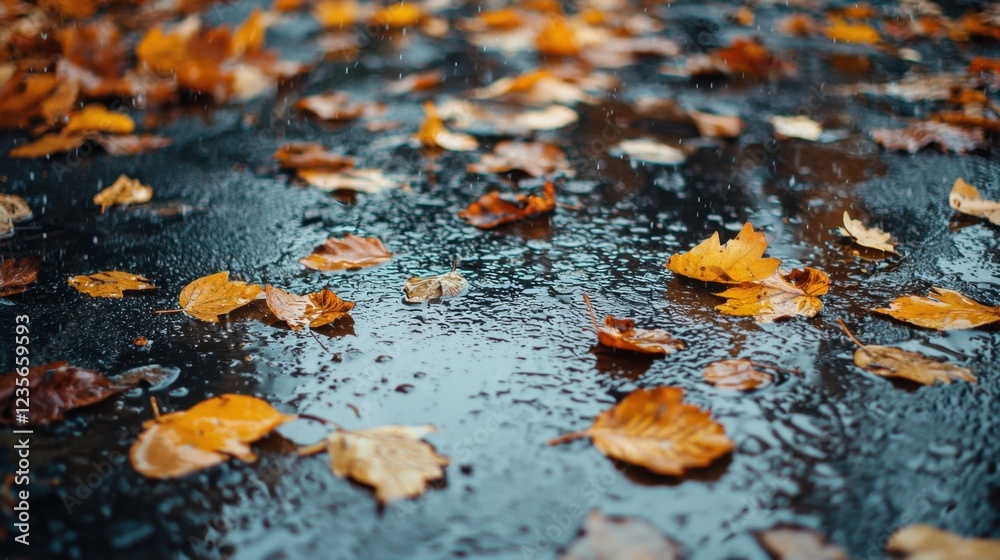 Autumn Leaves on Wet Ground with Rain Drops Beautiful Nature Scene Autumn Leaves on Wet Ground with Rain Drops Beautiful Nature Scene