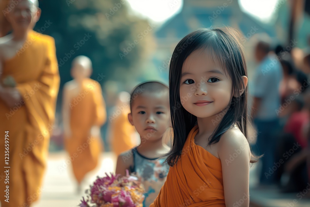 serene shot of a Thai girl and her family participating in a traditional almsgiving ceremony, with monks walking barefoot nearby. serene shot of a Thai girl and her family participating in a traditional almsgiving ceremony, with monks walking barefoot nearby.
