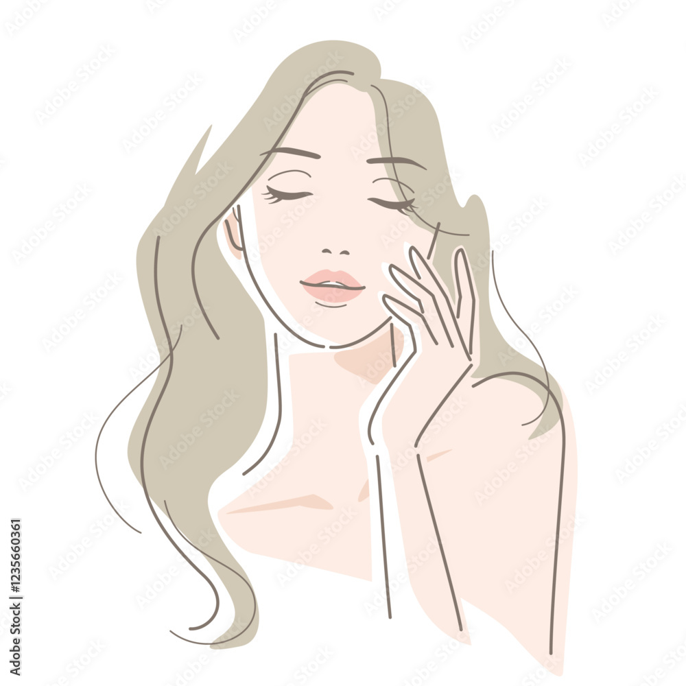 Front face of woman with long hair. Touching her cheek and eyes closed. Vector illustration in line drawing, isolated on white background. Front face of woman with long hair. Touching her cheek and eyes closed. Vector illustration in line drawing, isolated on white background.