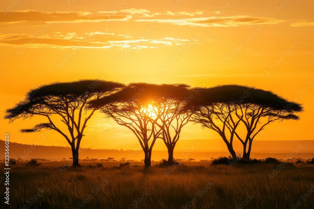 Obraz premium A grove of trees in silhouette standing tall during the golden hour, with the sun setting in the background.
