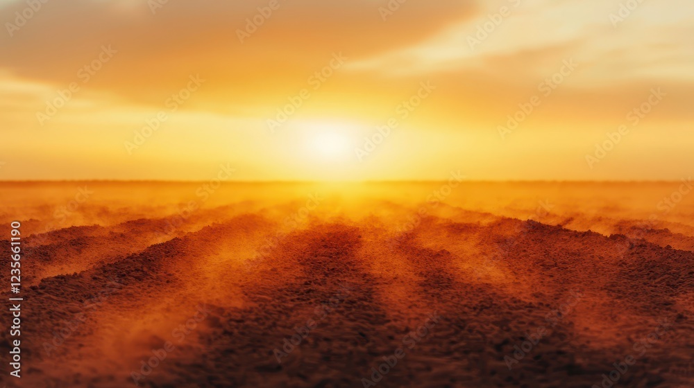 Obraz premium A serene sunset casts a golden hue over farmland, with dust swirling gently in the air, creating a tranquil and picturesque rural scene.