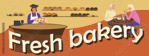  Fresh bakery text.  bakery, bake sale, cafeteria, customers, vendor. Flyer, invitation, sticker, banner. Vector illustration.