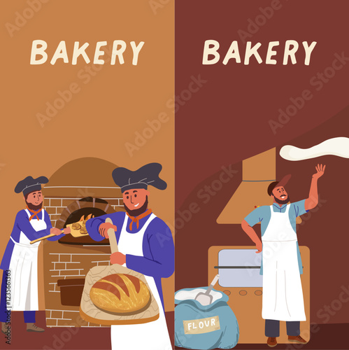 Vertical banner, background, people, men chef characters, cute, hand drawn style, oven, the process of baking, kneading dough,bakery, spatula, hand drawn vector.