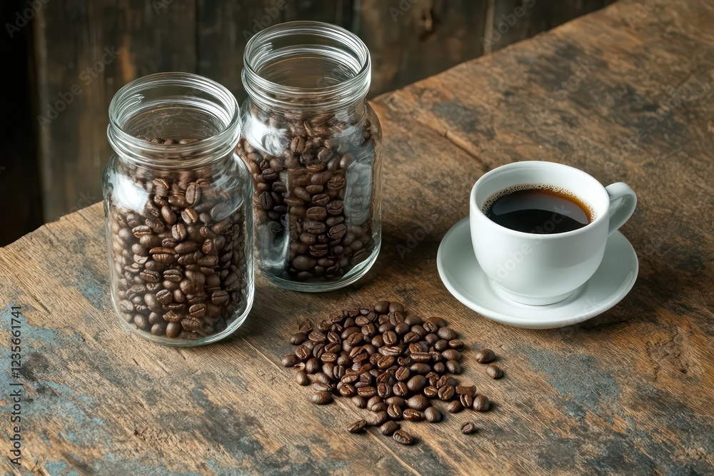 A high-angle shot of coffee beans in jars on a rustic table, with a cup of freshly brewed coffee nearby. A high-angle shot of coffee beans in jars on a rustic table, with a cup of freshly brewed coffee nearby.