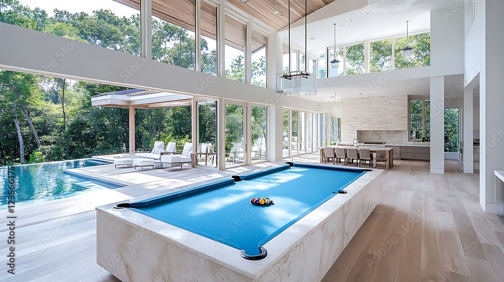 Fototapeta premium Luxurious Modern Home Interior with Pool Table Infinity Pool and Expansive Windows