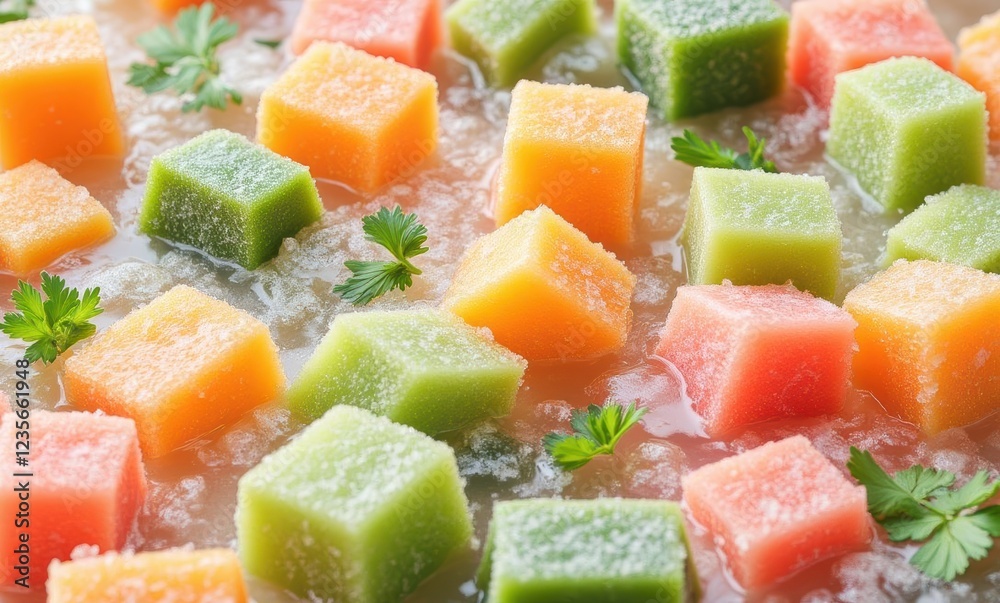 Colorful fruit cubes on ice Colorful fruit cubes on ice