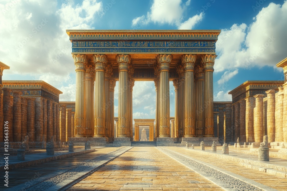 Obraz premium Golden Egyptian gateway, city avenue, sunny day, historical architecture, travel illustration.