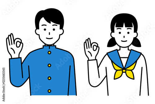 OKサインをする男女の学生　セット