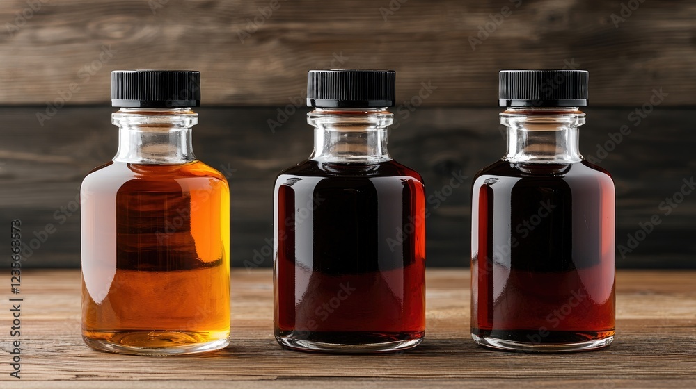 Three bottles of maple syrup on wood Three bottles of maple syrup on wood