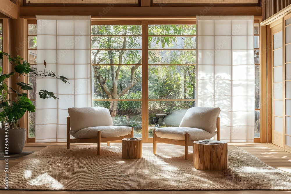 Fototapeta premium A Japandi interior with cozy chairs, natural light, and wooden accents creating a calm atmosphere