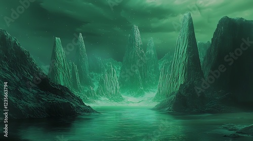 Green rocky peaks over a body of water, under a cloudy, dark sky, for fantasy backgrounds