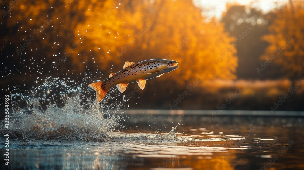 Fototapeta premium A fish leaps from the water, droplets frozen mid-air, running out of the river against a golden forest backdrop, capturing the essence of nature’s energy.