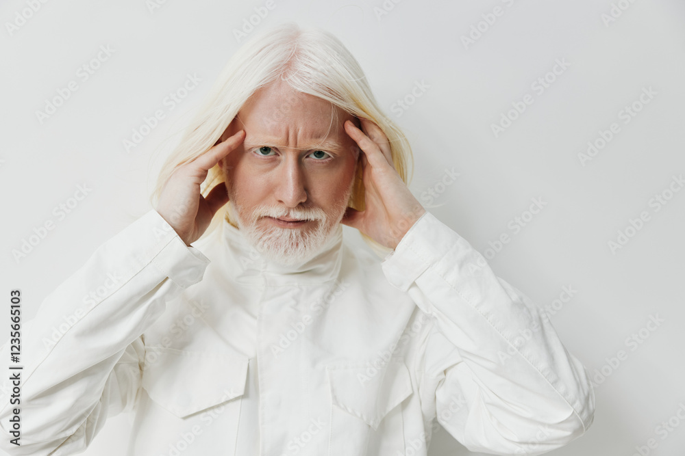 Senior man with long white hair and beard touching his temples against a plain white background, conveying a thoughtful or meditative expression Minimalist and modern concept Senior man with long white hair and beard touching his temples against a plain white background, conveying a thoughtful or meditative expression Minimalist and modern concept