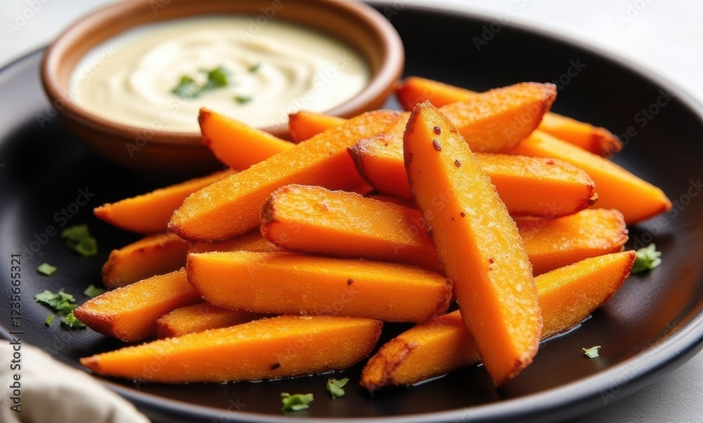 Golden roasted sweet potato fries with dip Golden roasted sweet potato fries with dip