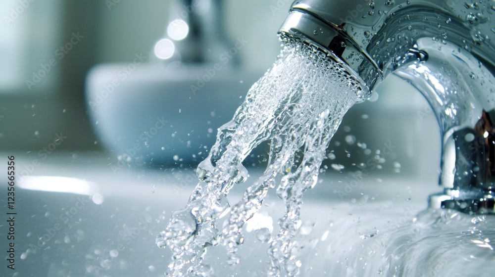 Sparkling Water Flowing from a Modern Faucet in a Bright Bathroom Sparkling Water Flowing from a Modern Faucet in a Bright Bathroom