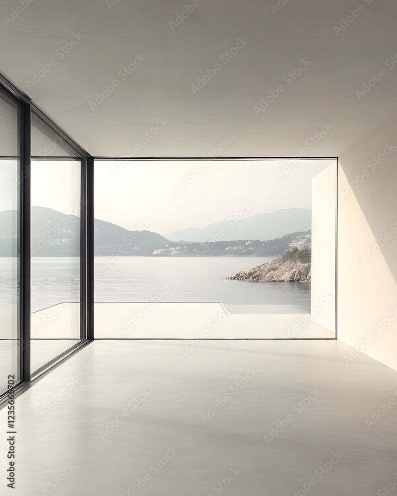 Fototapeta premium Interior View: Minimalist Room with Ocean and Mountain Vista