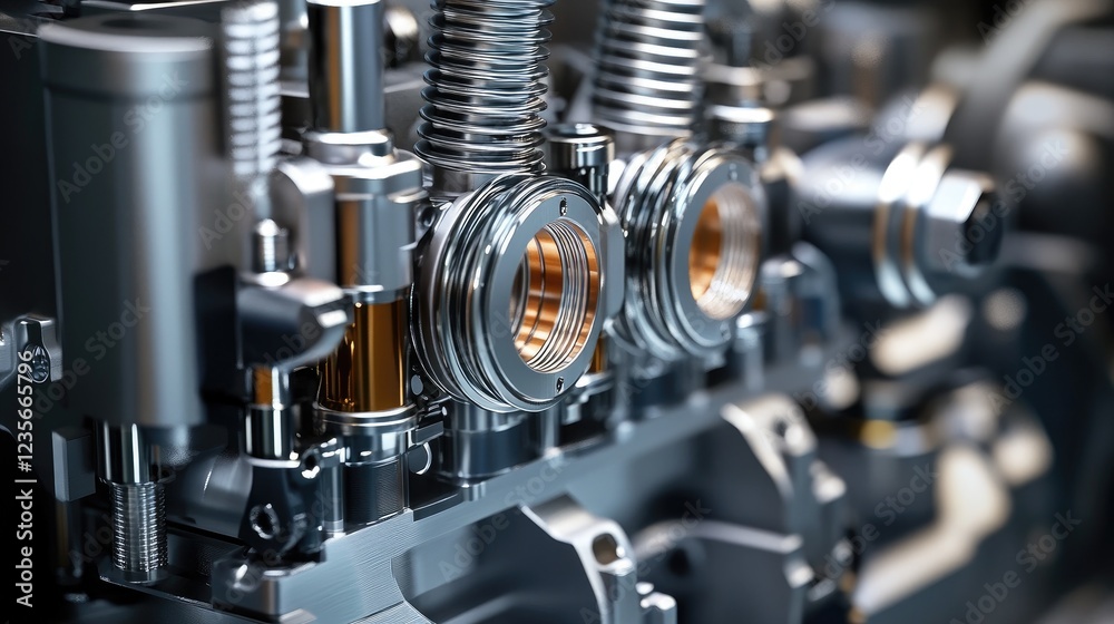 Fototapeta premium A detailed view of a diesel engine, set against a clean gray background, highlighting its robust design and functionality