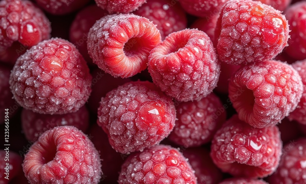 Fresh, frosted raspberries stacked together Fresh, frosted raspberries stacked together