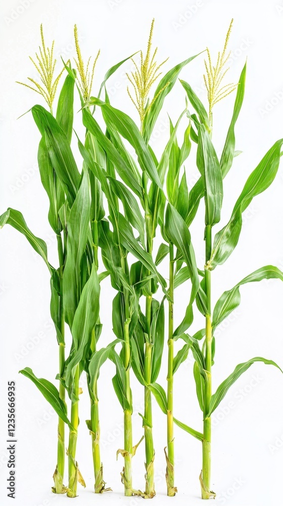 Naklejka premium Fresh Green Corn Stalks with Silks on a White Background