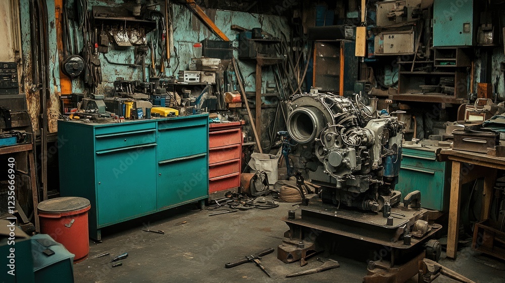 A diesel engine in the process of being repaired in a vehicle workshop, with tools and repair parts scattered around, showcasing professional mechanics at work A diesel engine in the process of being repaired in a vehicle workshop, with tools and repair parts scattered around, showcasing professional mechanics at work