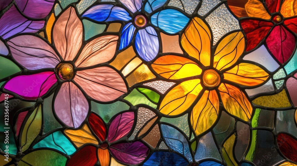 A display of intricate floral designs in vibrant stained glass, glowing with radiant colors and delicate craftsmanship, creating a stunning visual effect A display of intricate floral designs in vibrant stained glass, glowing with radiant colors and delicate craftsmanship, creating a stunning visual effect