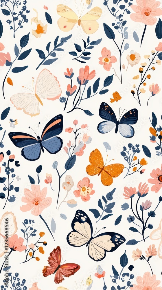 Vibrant Floral Pattern with Butterflies for Design Projects Vibrant Floral Pattern with Butterflies for Design Projects