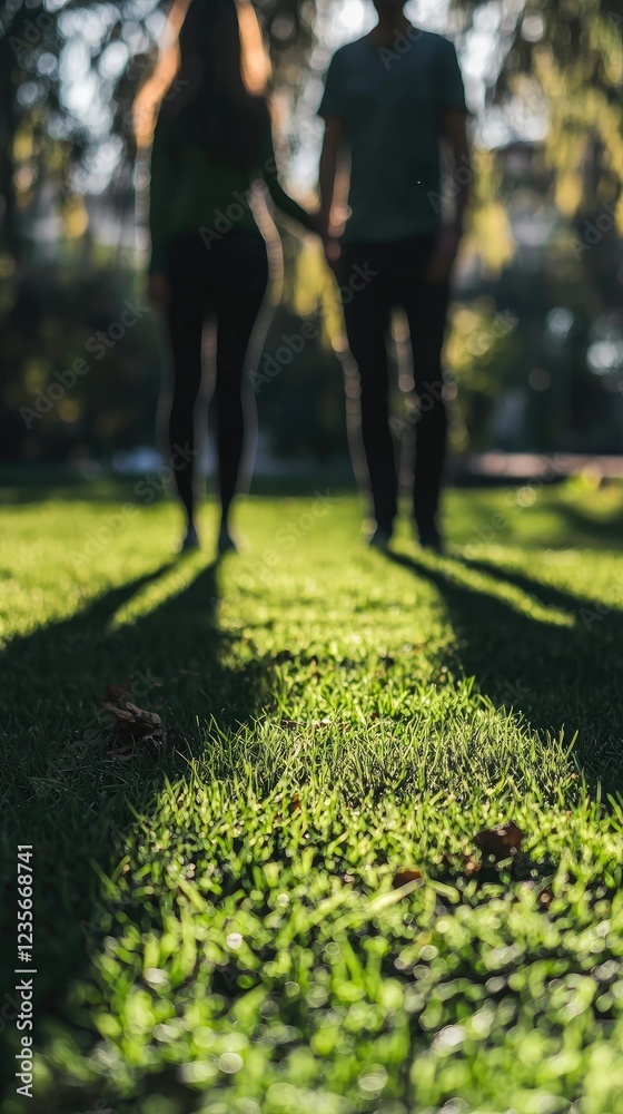 Obraz premium Couple holding hands, walking park, sunny day, shadows, romance