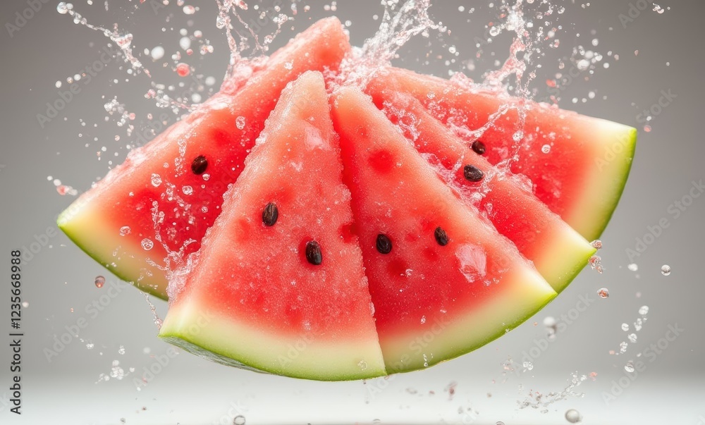 Fresh watermelon slices splashing in water Fresh watermelon slices splashing in water