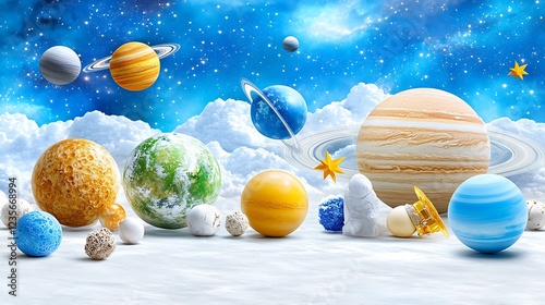 Colorful Planets Stars and Astronaut Figurine in a Dreamy Space Scene