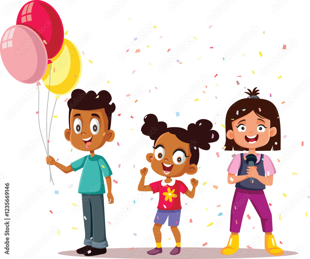 Naklejka premium Little Kids Party Together Vector Cartoon Illustration. Children celebrating anniversary together with confetti 