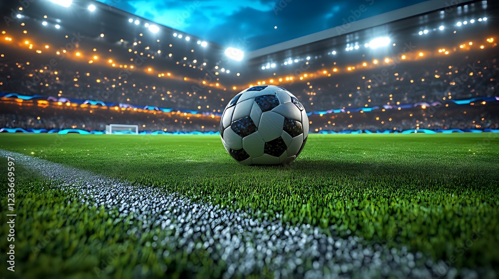 Fototapeta premium Soccer ball on stadium field, night game, crowd