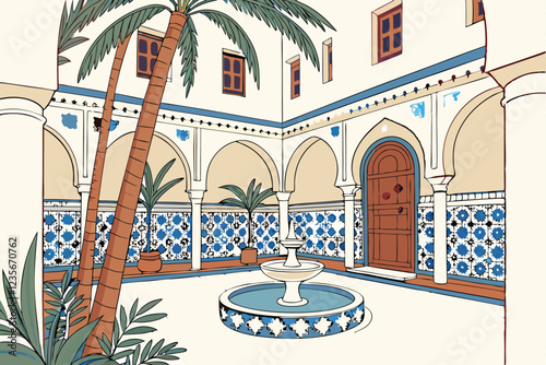  Photo of an ornate, traditional Moroccan courtyard with a central fountain, surrounded by blue and white tile mosaics, tall palm trees, and vibrant potted plants. The courtyard is enclosed by white a