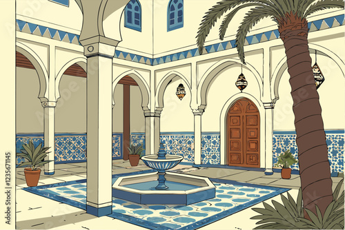  Photo of an ornate, traditional Moroccan courtyard with a central fountain, surrounded by blue and white tile mosaics, tall palm trees, and vibrant potted plants. The courtyard is enclosed by white a