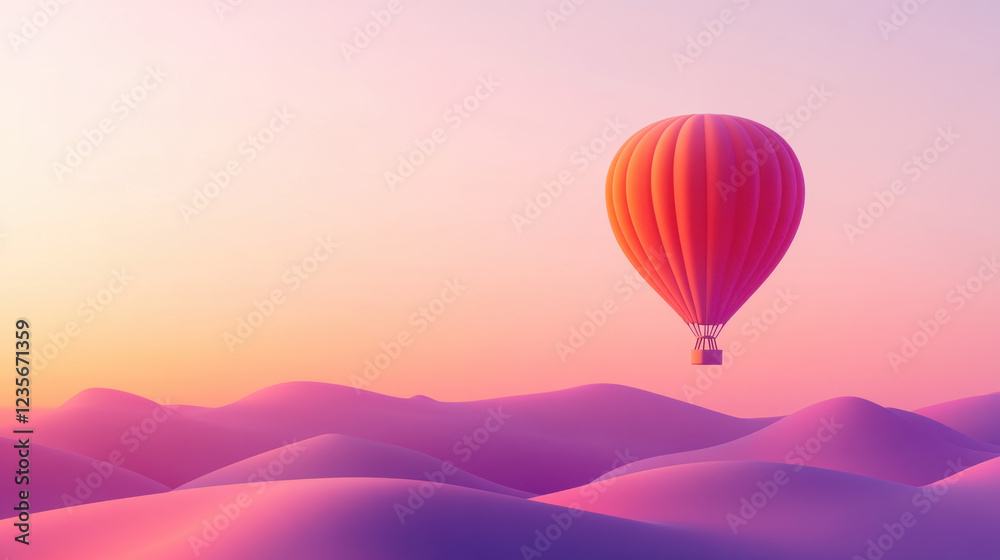 Fototapeta premium A grand hot air balloon floating above the horizon, minimalistic solid color background, vibrant fabric catching the warm sunlight