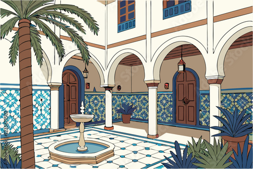  Photo of an ornate, traditional Moroccan courtyard with a central fountain, surrounded by blue and white tile mosaics, tall palm trees, and vibrant potted plants. The courtyard is enclosed by white a